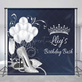 Aperturee - Aperturee Navy Blue Silver Crown Custom Name Birthday Backdrop